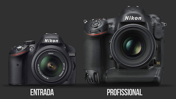 diferença de tamanho da Nikon D3200 e a D4s do artigo Qual a melhor câmera pra começar na fotografia.