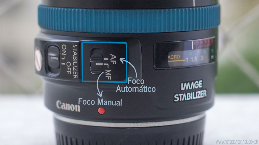 Seletor de Foco Automático e Foco Manual da lente Canon 28-135mm.